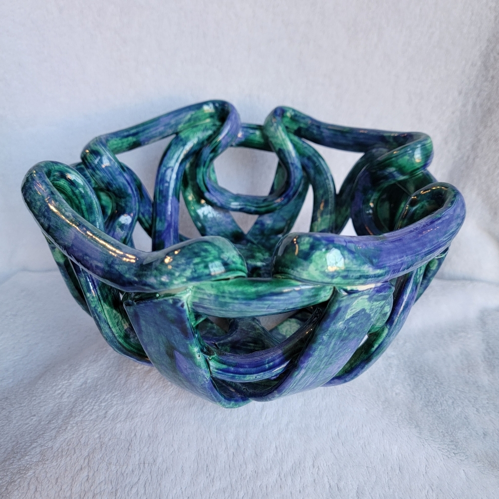Handmade Post Modern Blue Green Braided Basket Weave Ceramic Decorative Bowl
